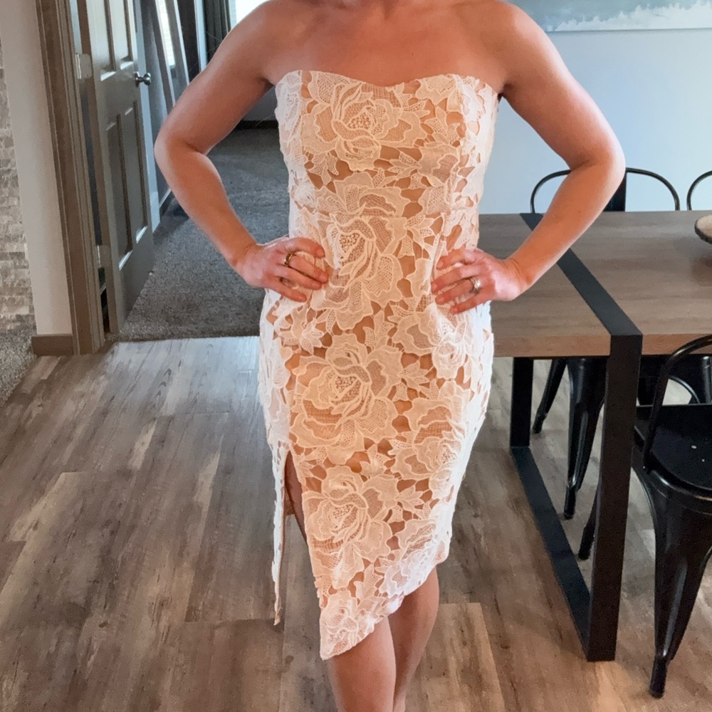 Showpo Lace Midi Dress in White and Peach